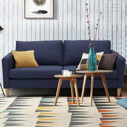 Modern Mid-Century Style Sofa with Wood Legs and Blue Fabric Upholstery