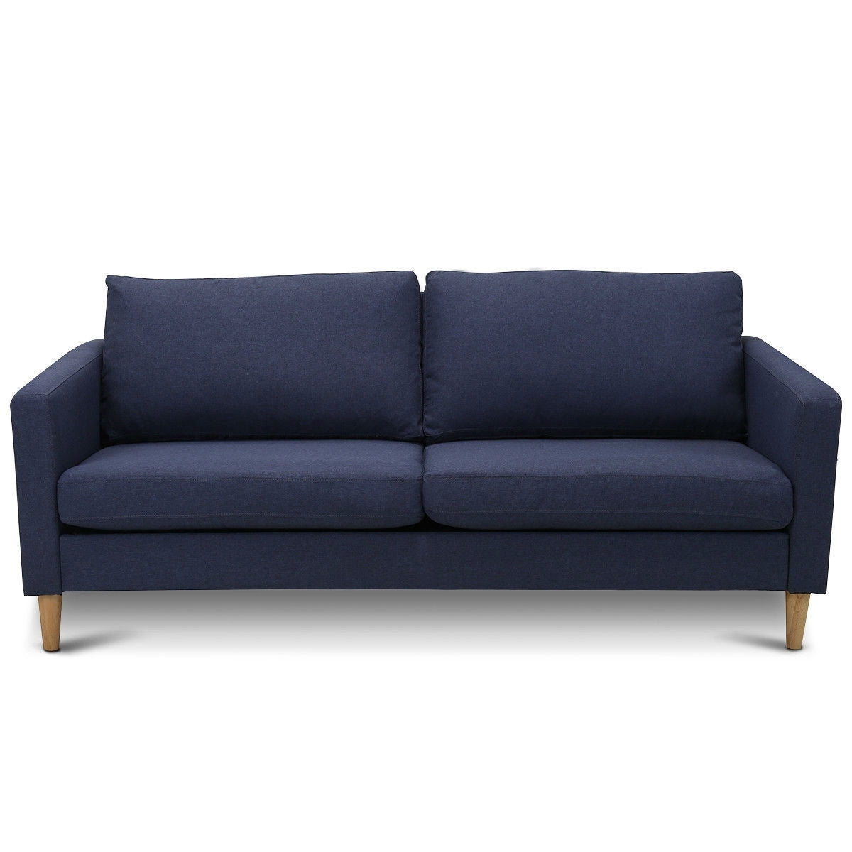 Modern Mid-Century Style Sofa with Wood Legs and Blue Fabric Upholstery