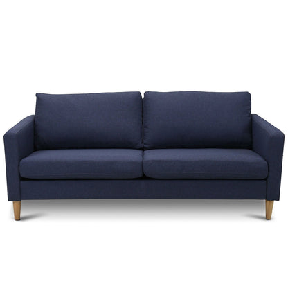 Modern Mid-Century Style Sofa with Wood Legs and Blue Fabric Upholstery