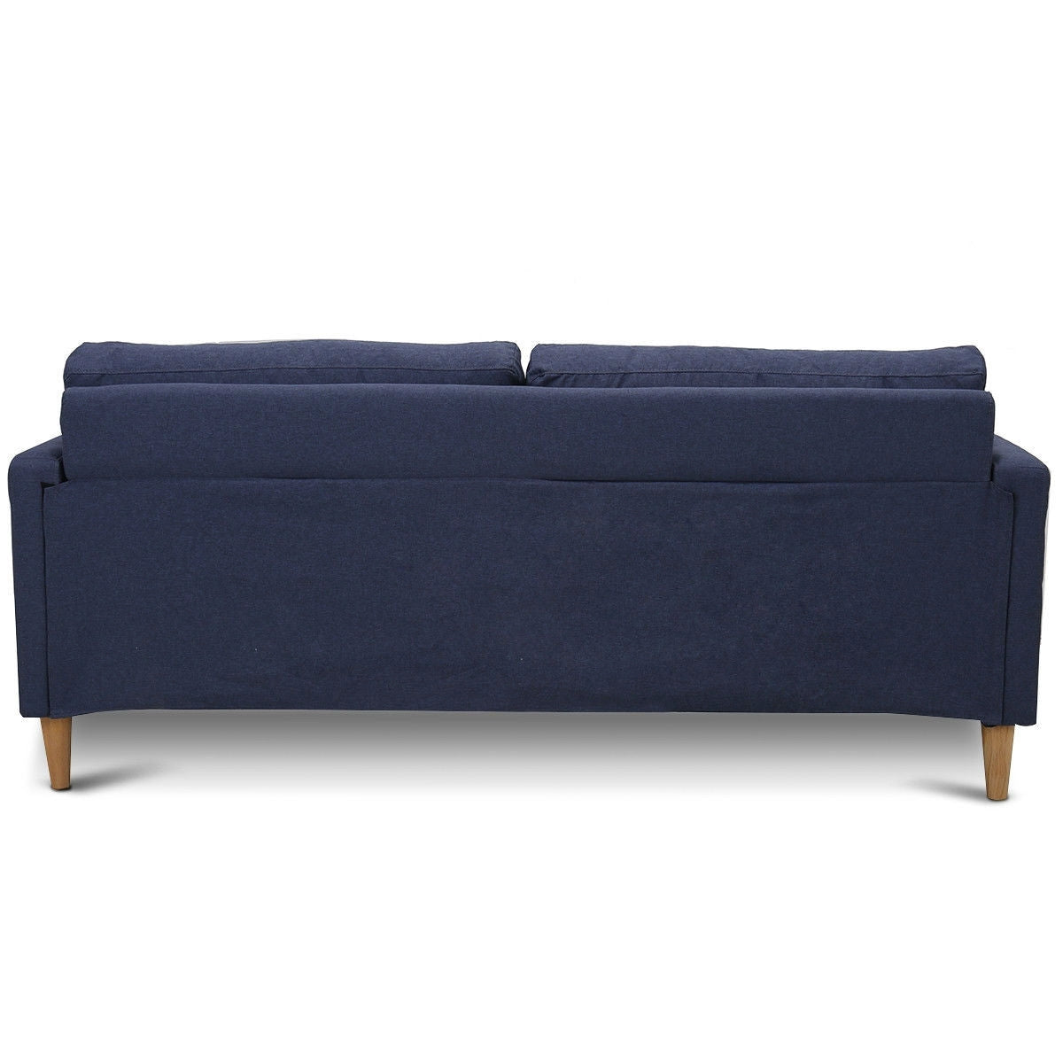 Modern Mid-Century Style Sofa with Wood Legs and Blue Fabric Upholstery