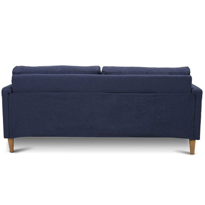 Modern Mid-Century Style Sofa with Wood Legs and Blue Fabric Upholstery