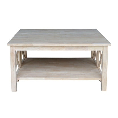 Square Unfinished Solid Wood Coffee Table with Bottom Shelf