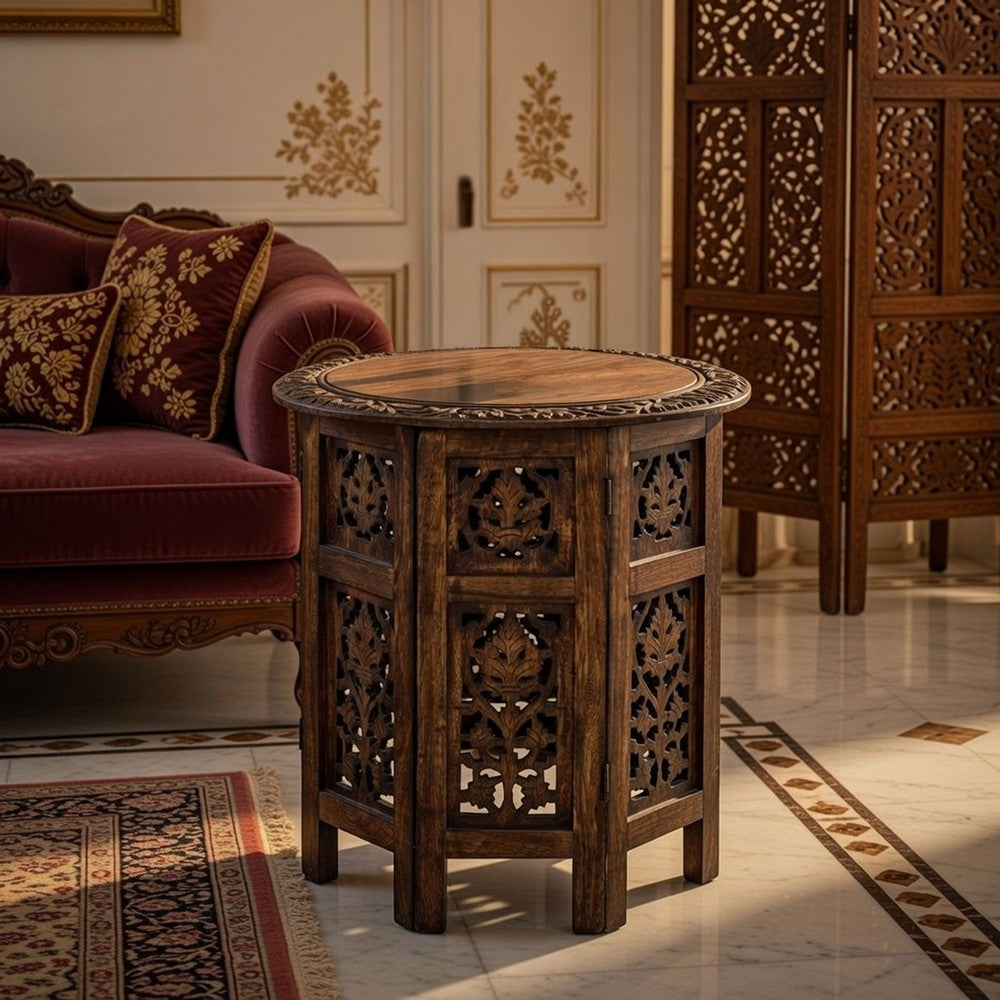 18 Inch Mango Wood Folding Accent Table, Hand Carved, Walnut Brown