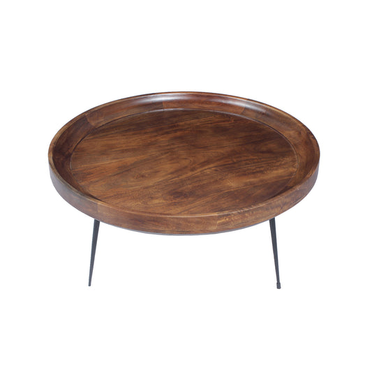 Benzara Gia round mango wood coffee table with tray top, dark walnut finish and black iron legs