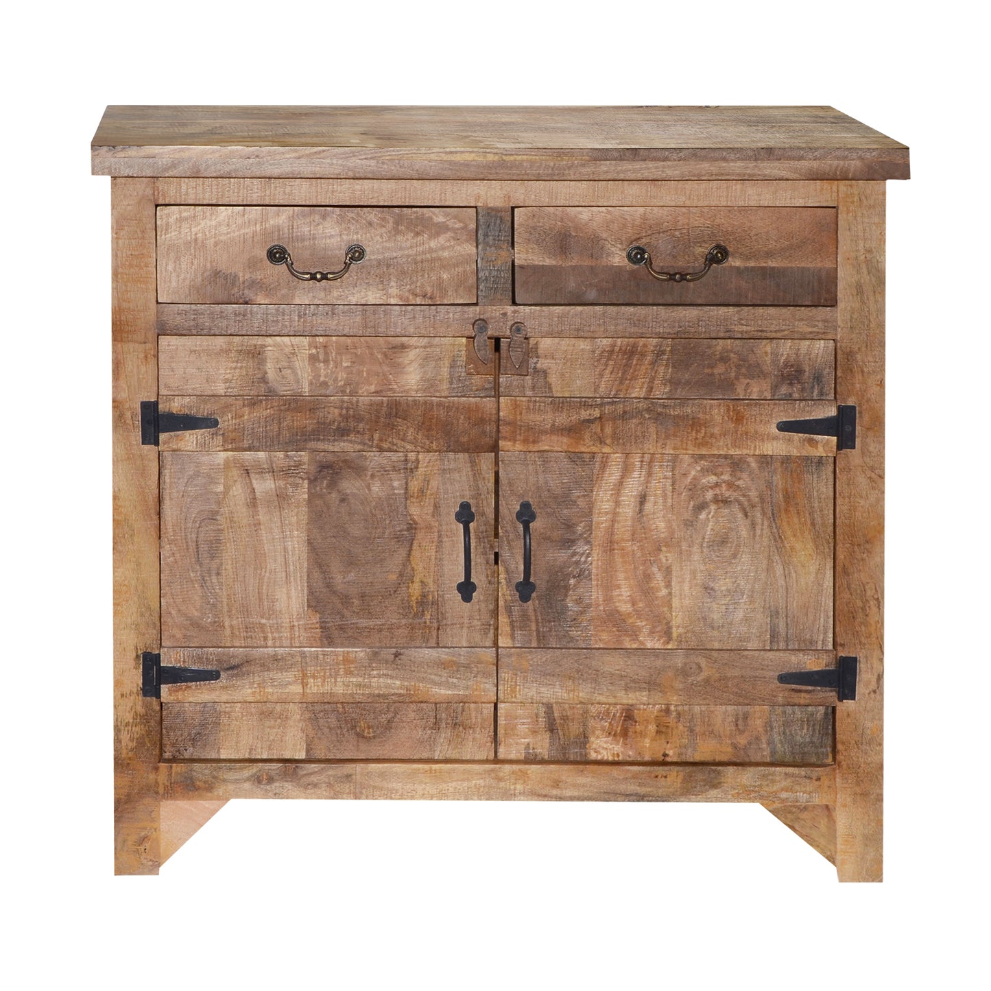 39-inch mango wood farmhouse console cabinet with 2 drawers and 2 doors in rustic brown.