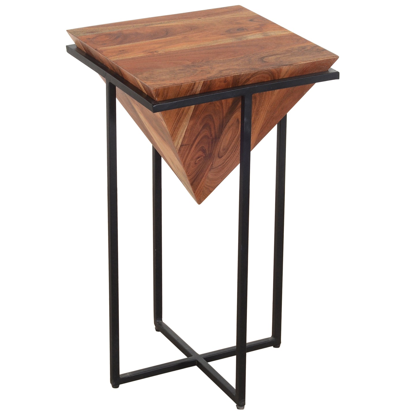 Ida 26-inch pyramid acacia wood end table with cross iron base, brown and black finish
