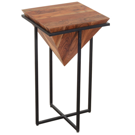 Ida 26-inch pyramid acacia wood end table with cross iron base, brown and black finish