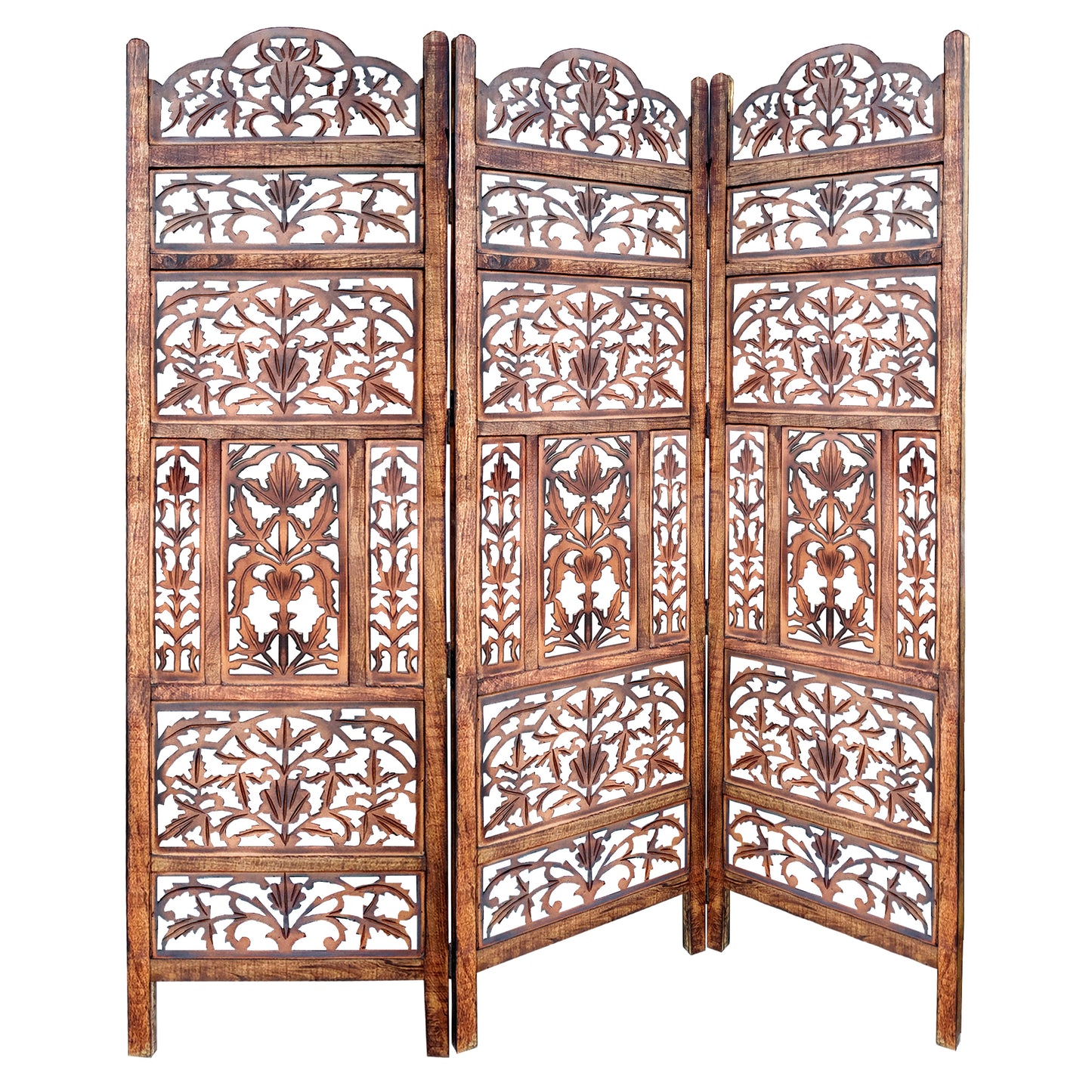 Handcrafted three-panel mango wood screen with brown finish and intricate cutout filigree latticework
