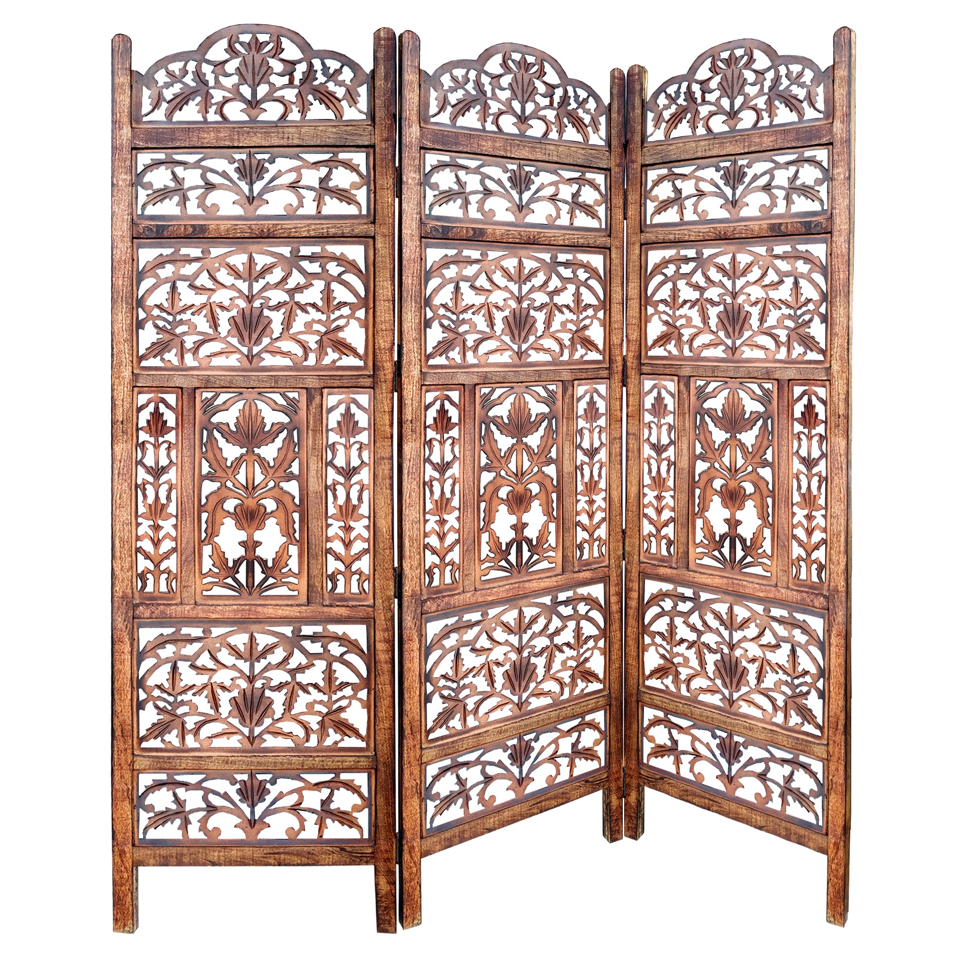 Handcrafted three-panel mango wood screen with brown finish and intricate cutout filigree latticework