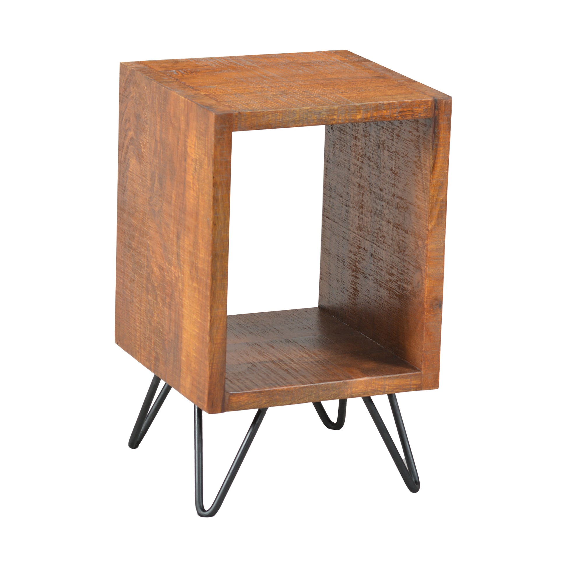 Benzara 22-inch textured cube wooden nightstand with black angular legs and brown finish