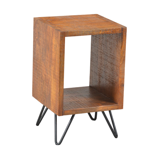 Benzara 22-inch textured cube wooden nightstand with black angular legs and brown finish
