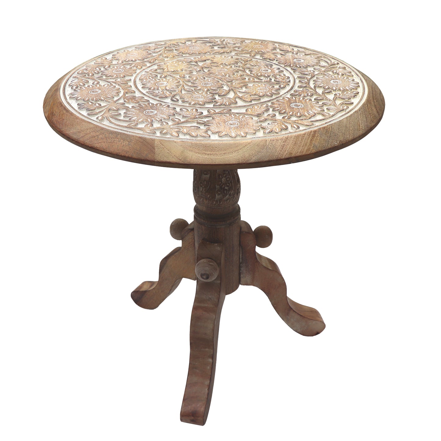 Mango wood round-top side end table with pedestal base, brown and white carved floral design