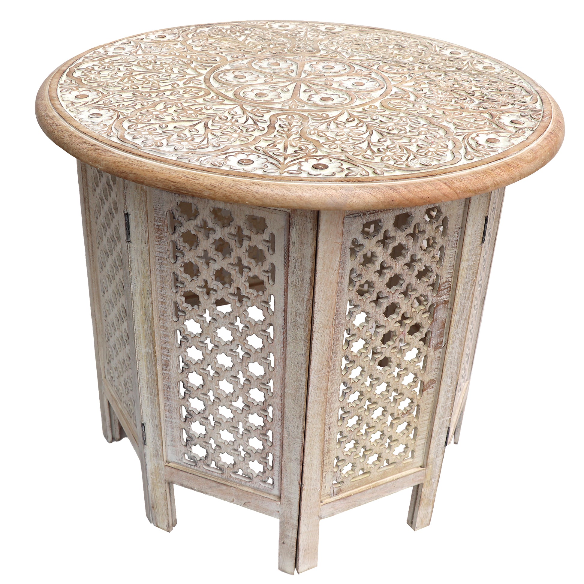 Benzara mango wood octagonal folding table with round top, carved mesh lattice in antique white and brown finish