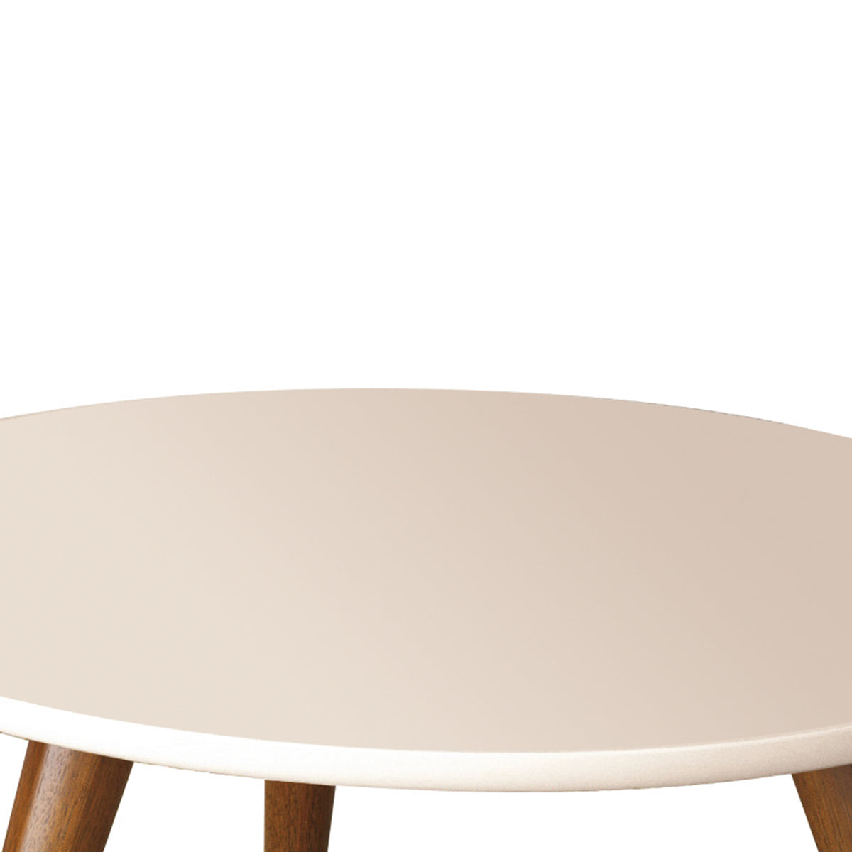 24 Inch Modern Coffee Table, Round Off White MDF Top, Tapered Brown Mango Wood Legs