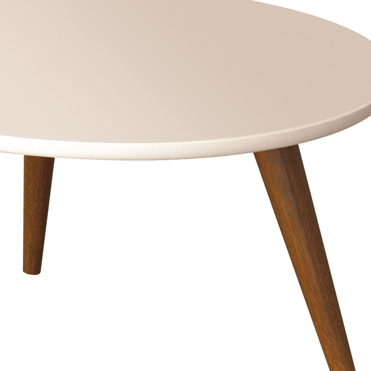 24 Inch Modern Coffee Table, Round Off White MDF Top, Tapered Brown Mango Wood Legs