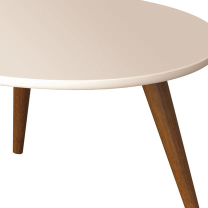 24 Inch Modern Coffee Table, Round Off White MDF Top, Tapered Brown Mango Wood Legs