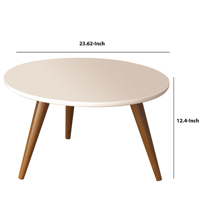 24 Inch Modern Coffee Table, Round Off White MDF Top, Tapered Brown Mango Wood Legs