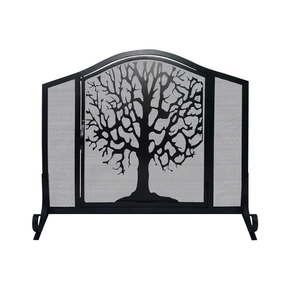 43 Inches 3 Panel Iron Fireplace Screen, Mesh Design, Arched Top, Tree of Life Art, Black