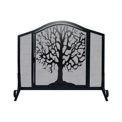 43 Inches 3 Panel Iron Fireplace Screen, Mesh Design, Arched Top, Tree of Life Art, Black