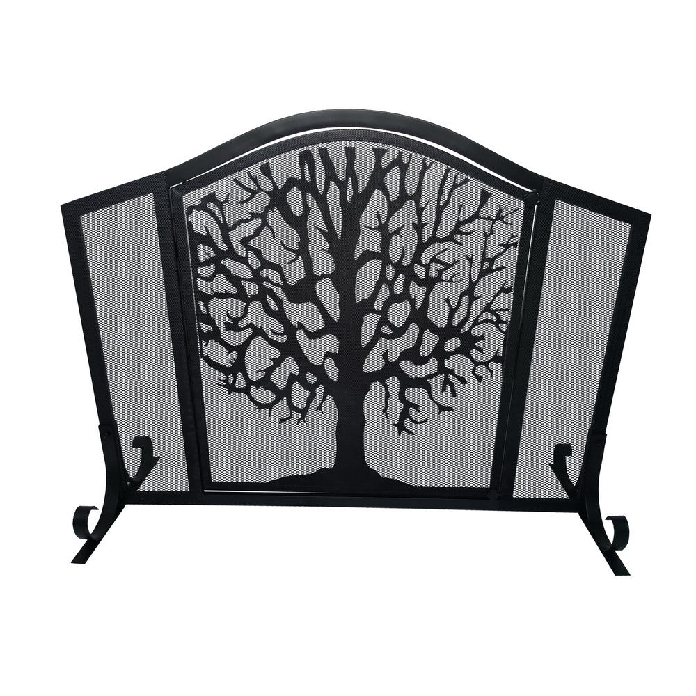 43 Inches 3 Panel Iron Fireplace Screen, Mesh Design, Arched Top, Tree of Life Art, Black