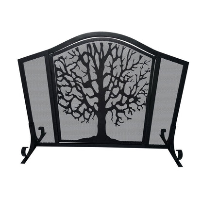 43 Inches 3 Panel Iron Fireplace Screen, Mesh Design, Arched Top, Tree of Life Art, Black