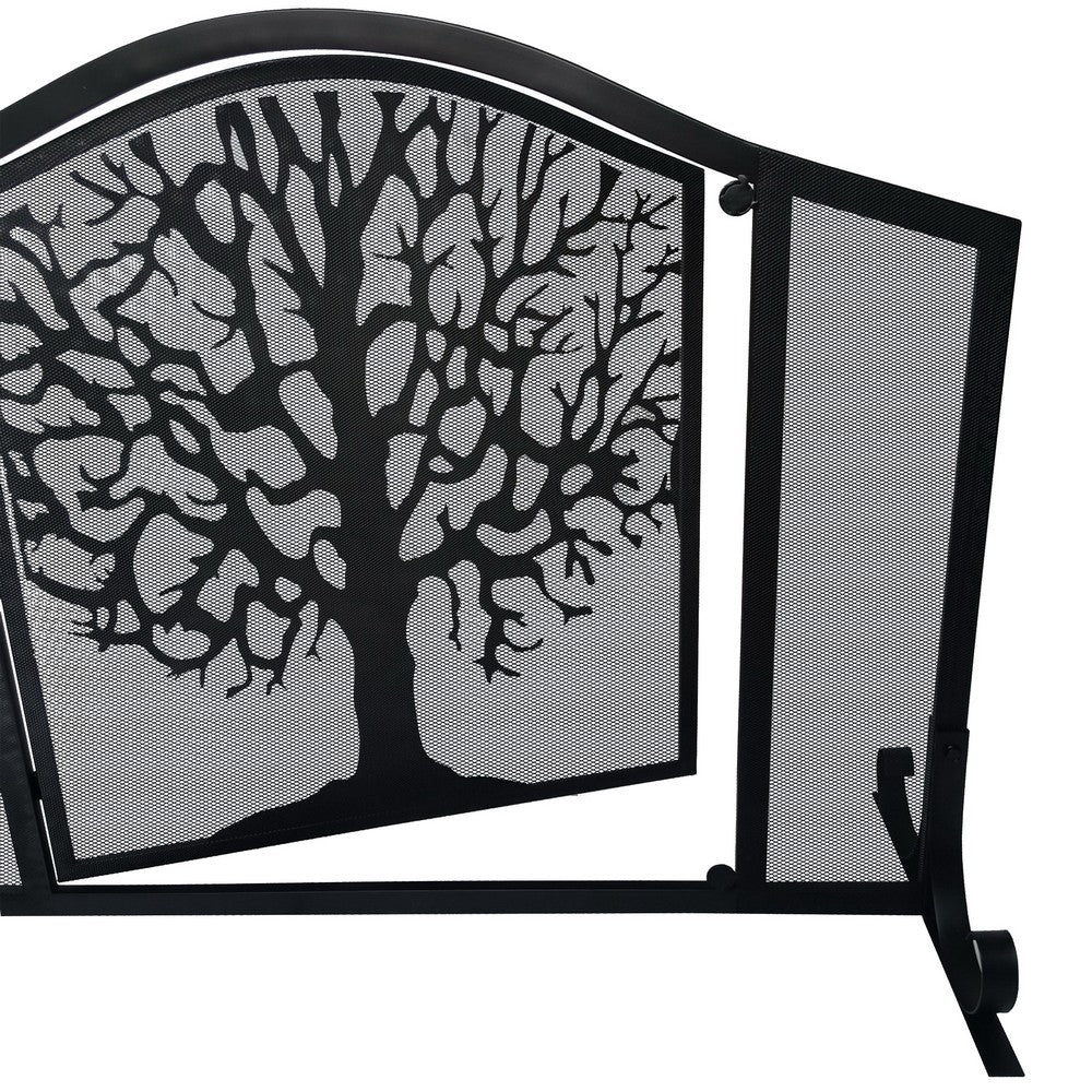 43 Inches 3 Panel Iron Fireplace Screen, Mesh Design, Arched Top, Tree of Life Art, Black