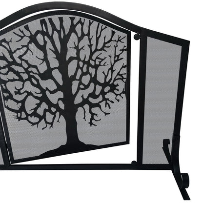 43 Inches 3 Panel Iron Fireplace Screen, Mesh Design, Arched Top, Tree of Life Art, Black