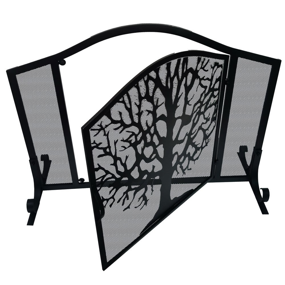 43 Inches 3 Panel Iron Fireplace Screen, Mesh Design, Arched Top, Tree of Life Art, Black