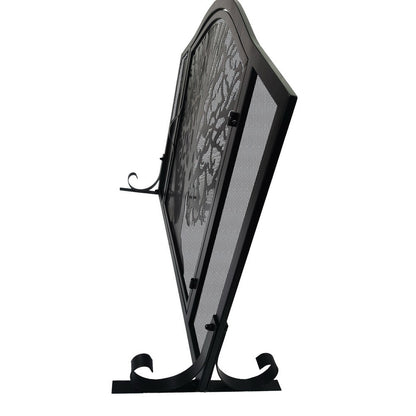 43 Inches 3 Panel Iron Fireplace Screen, Mesh Design, Arched Top, Tree of Life Art, Black