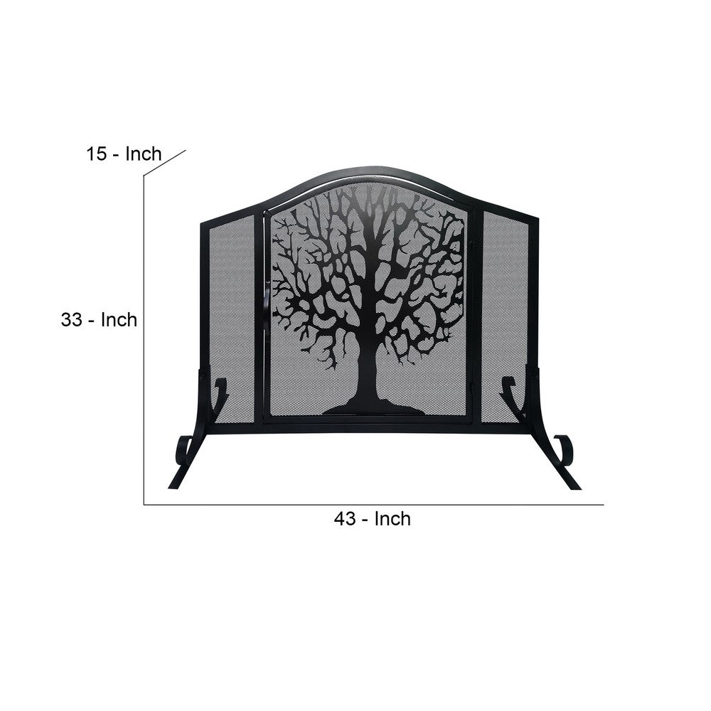 43 Inches 3 Panel Iron Fireplace Screen, Mesh Design, Arched Top, Tree of Life Art, Black