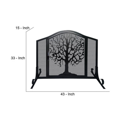 43 Inches 3 Panel Iron Fireplace Screen, Mesh Design, Arched Top, Tree of Life Art, Black