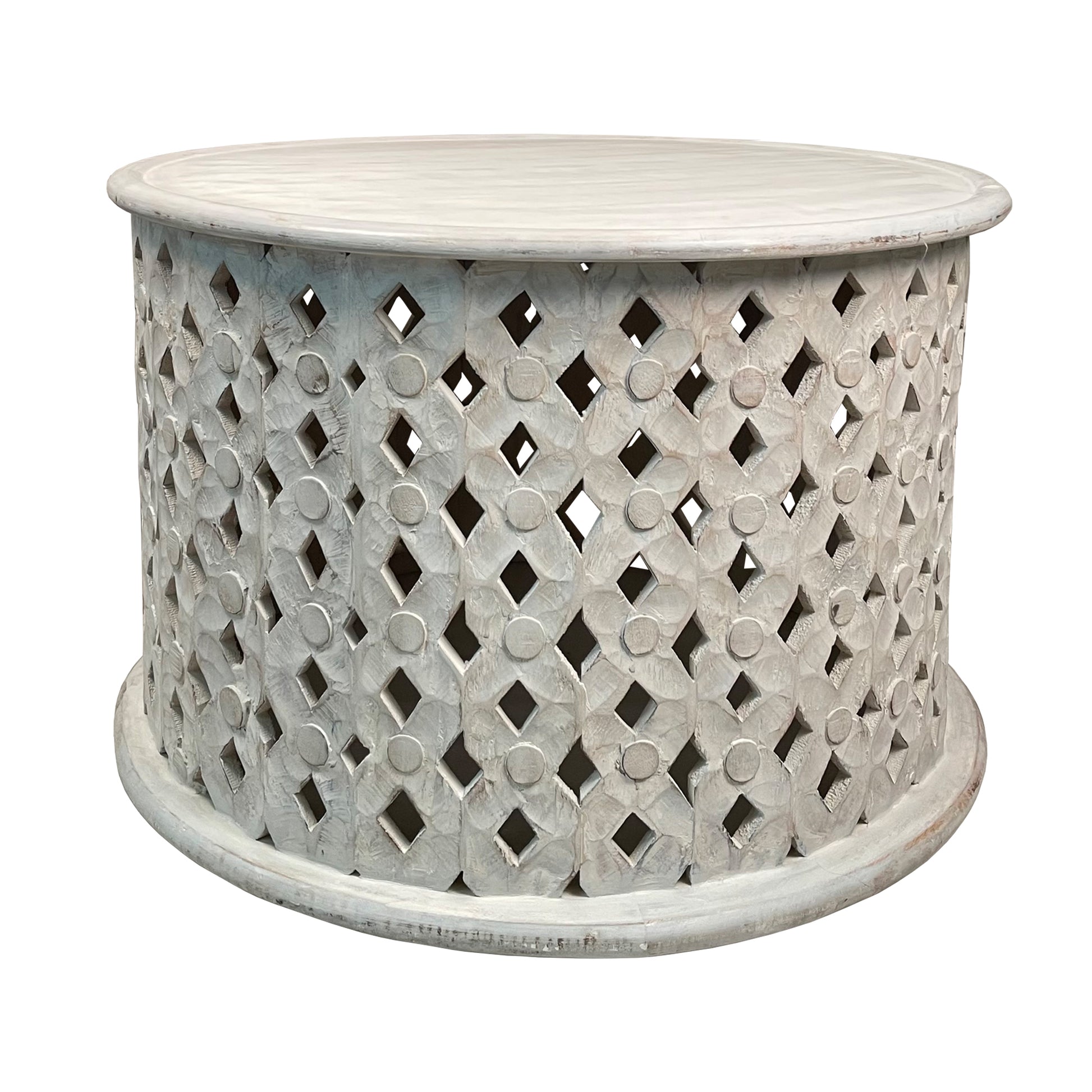 Cato 28 Inch Artisanal Round Mango Wood Coffee Table, Intricate Diamond Lattice Cut Out Frame, Washed White — Chic Home-Decor