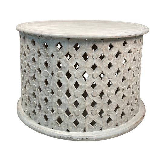 Cato 28 Inch Artisanal Round Mango Wood Coffee Table, Intricate Diamond Lattice Cut Out Frame, Washed White — Chic Home-Decor