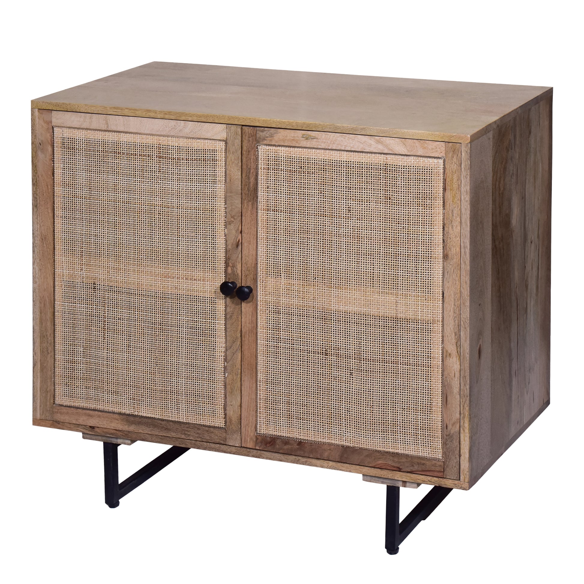 35 Inch Handcrafted Accent Cabinet with 2 Mesh Rattan Doors, Black Iron Legs, Natural Brown Mango Wood Frame — Chic Home-Decor