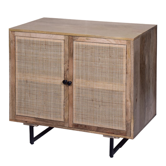 35 Inch Handcrafted Accent Cabinet with 2 Mesh Rattan Doors, Black Iron Legs, Natural Brown Mango Wood Frame — Chic Home-Decor