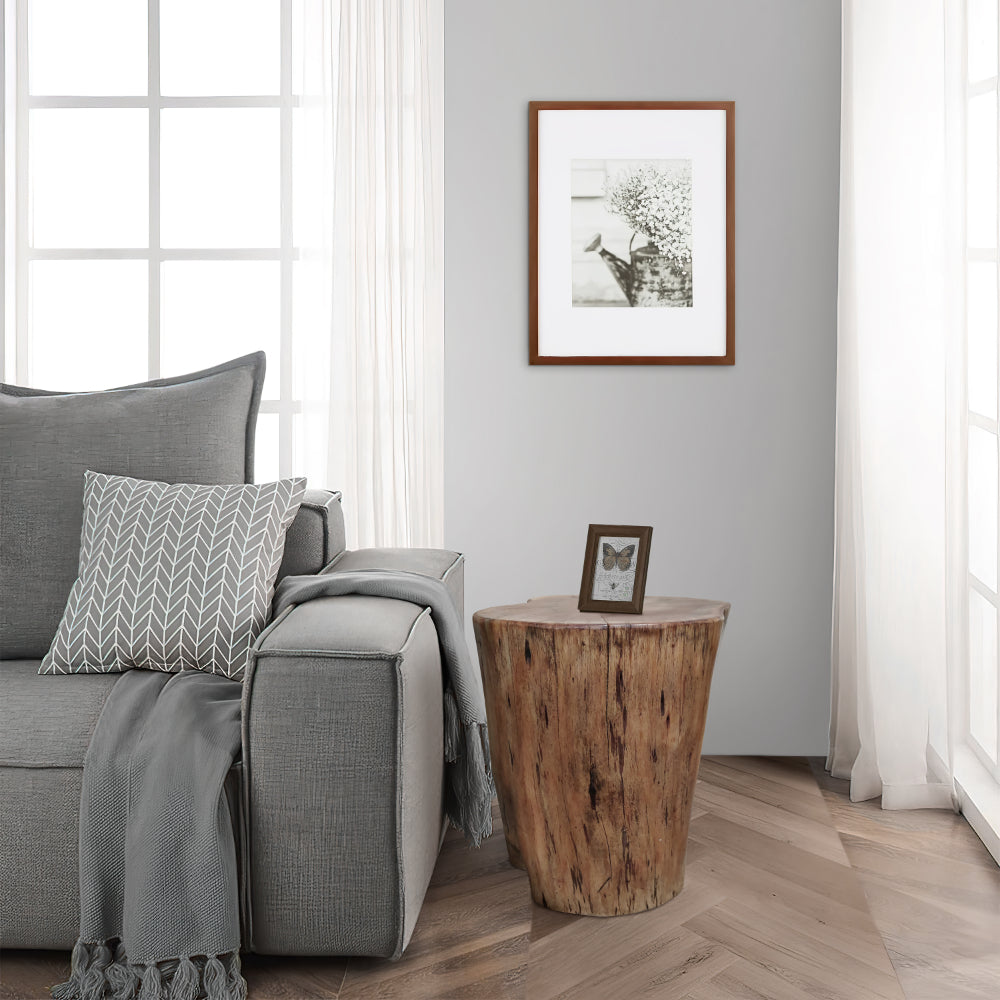 17 Inch Accent Stump Stool End Table, Live Edge Acacia Wood Log with Grain and Knot Details, Natural Brown