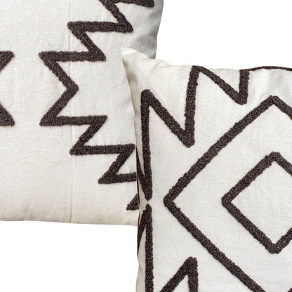 17 x 17 Inch Square Cotton Accent Throw Pillows, Geometric Aztec Embroidery, Set of 2, White, Gray