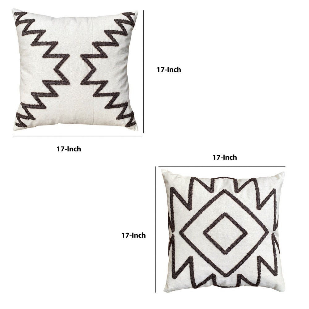 17 x 17 Inch Square Cotton Accent Throw Pillows, Geometric Aztec Embroidery, Set of 2, White, Gray