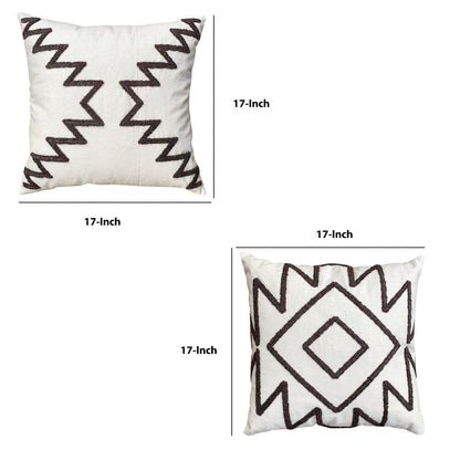 17 x 17 Inch Square Cotton Accent Throw Pillows, Geometric Aztec Embroidery, Set of 2, White, Gray