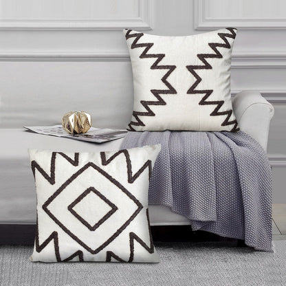 17 x 17 Inch Square Cotton Accent Throw Pillows, Geometric Aztec Embroidery, Set of 2, White, Gray