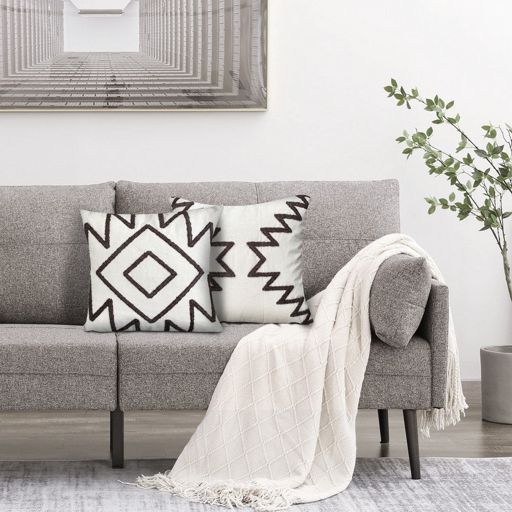 17 x 17 Inch Square Cotton Accent Throw Pillows, Geometric Aztec Embroidery, Set of 2, White, Gray