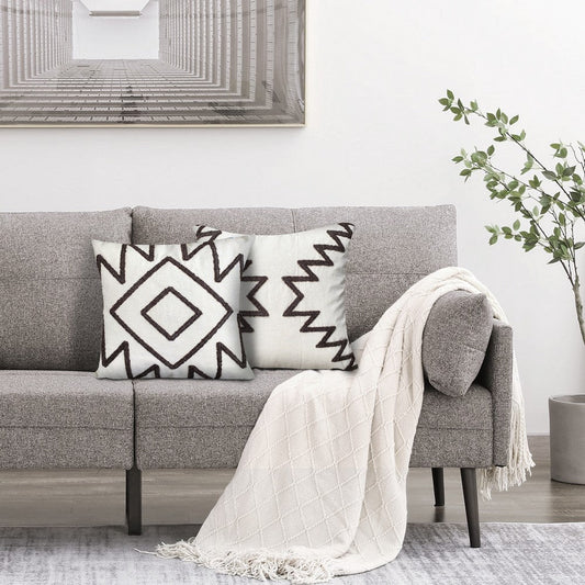 17 x 17 Inch Square Cotton Accent Throw Pillows, Geometric Aztec Embroidery, Set of 2, White, Gray