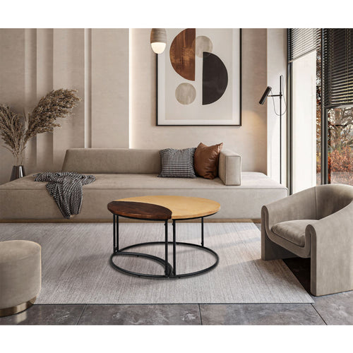 35 Inch 2 Piece Coffee Table with Black Iron Frame, 2 Tone Mango Wood Top In Natural Brown and Walnut