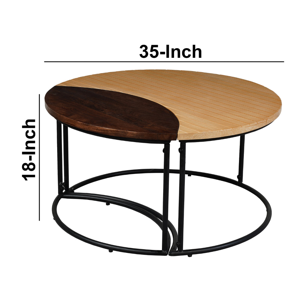35 Inch 2 Piece Coffee Table with Black Iron Frame, 2 Tone Mango Wood Top In Natural Brown and Walnut