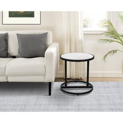 Beri 17 Inch Side End Table, Round White Natural Marble Top, Classic Black Angled Iron Frame