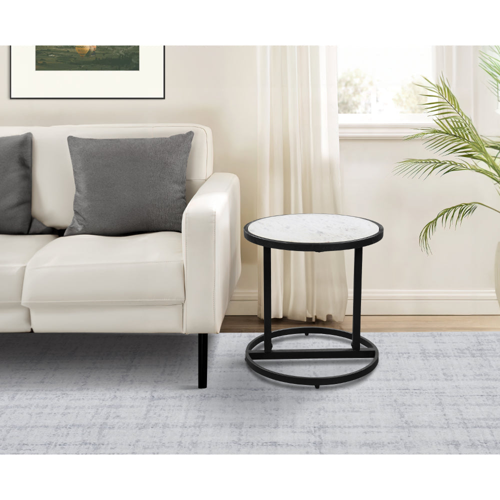 Beri 18 Inch Side End Table, Round White Natural Marble Top, Classic Slim Black Iron Frame