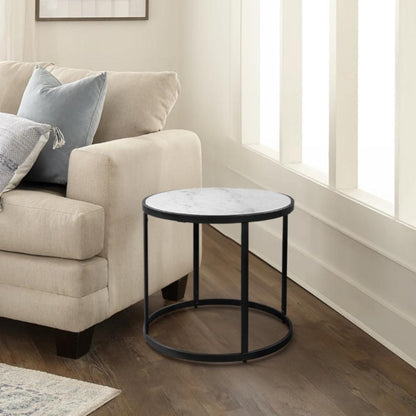 23 Inch Side End Table, Modern Round White Natural Marble Top, Classic Black Iron Frame