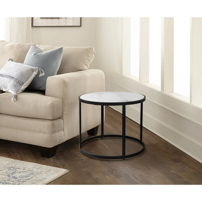 23 Inch Side End Table, Modern Round White Natural Marble Top, Classic Black Iron Frame