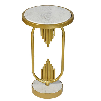 Soho Side End Table with Round Marble Top, Gold Oblong Frame, 21-Inch Height