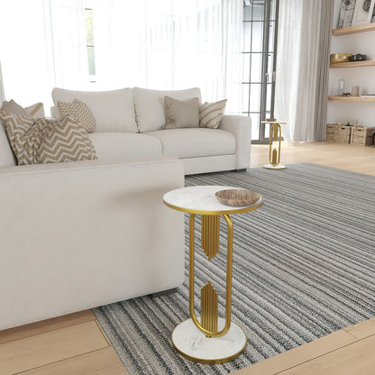 Soho Side End Table with Round Marble Top, Gold Oblong Frame, 21-Inch Height